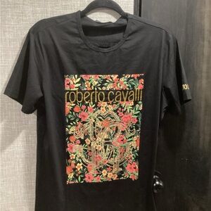 Roberto Cavalli Black Tee with Gold Embellished Floral Panel